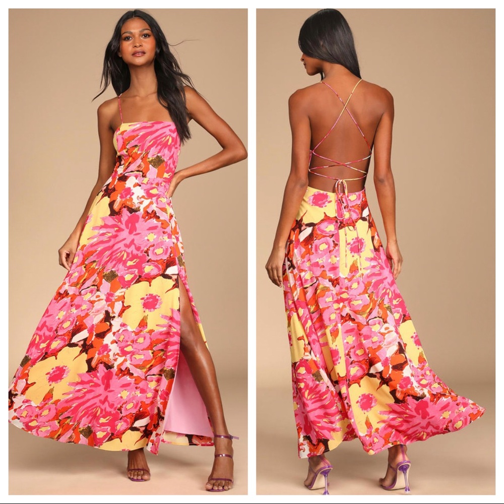 NWT Lulu’s Floral Maxi Strappy Open Back and Front Slit Size Small
